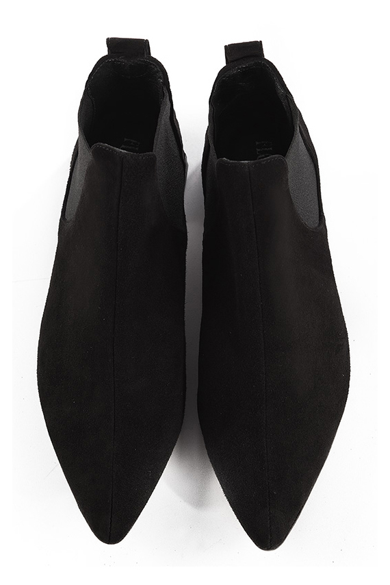 Matt black women's ankle boots, with elastics. Tapered toe. Low flare heels. Top view - Florence KOOIJMAN